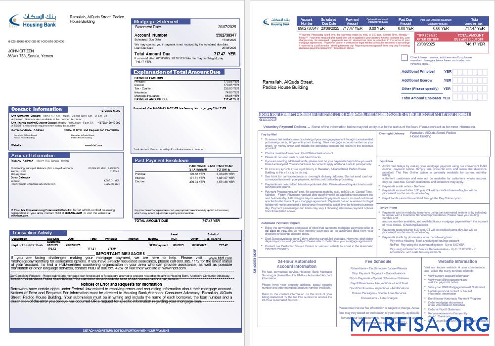 Realistic Yemeni Housing Bank mortgage statement in Word and PDF formats, 3 pages 1 2 template